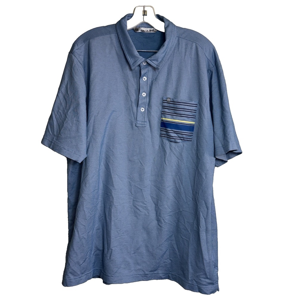 TravisMathew Polo Shirt Mens XL Blue Pima Cotton Blend Striped Pocket Golf Top
